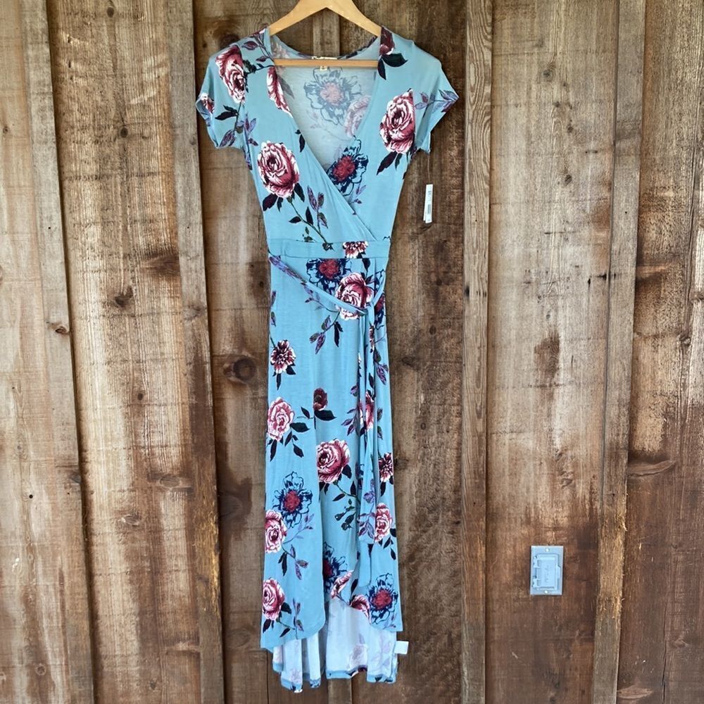 About A Girl Blue Floral Faux Wrap Side Tie High-low Maxi Dress